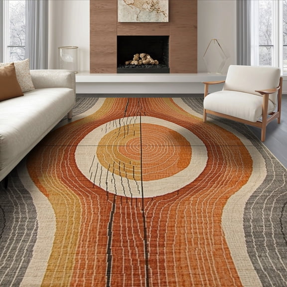 ODIKA 8'x10' Washable Area Rug Stump Ring Grain Bordered Growth Rings Concentric Annual Earthy for King Size Bedroom Under Bed, Master Suite, Non-Shedding, Easy Care