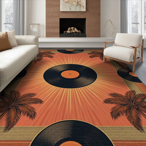 ODIKA 8'x10' Washable Area Rug Sunset Record Vinyl Retro Mid Century Bordered Motif Colored for Living Room, Under Sectional, Family , Durable, Non-Slip