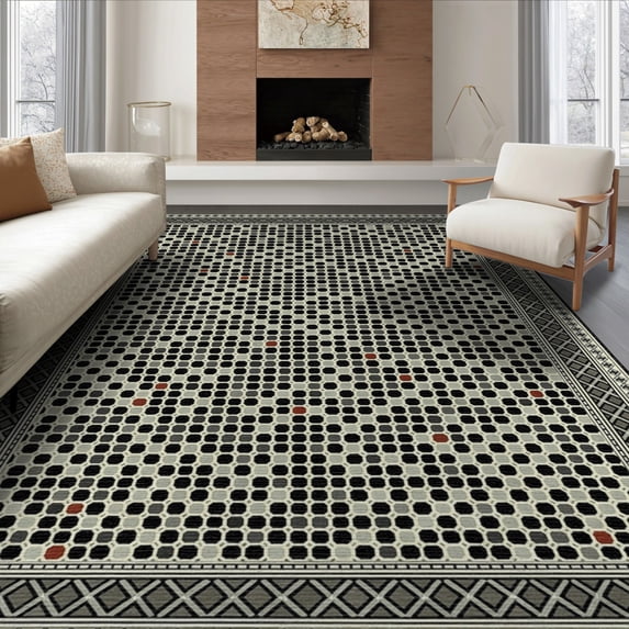 ODIKA 8'x10' Washable Area Rug Table Geometric Pvc Grid Spill Motifs Dining Under Vinyl for Room, Large Office, Lounge, Non-Slip Chair-Friendly Mat