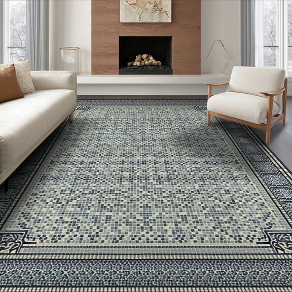 ODIKA 8'x10' Washable Area Rug Table Pvc Interlocking Mosaic Border Decorative Cover Dining for King Size Bedroom Under Bed, Master Suite, Non-Shedding, Easy Care
