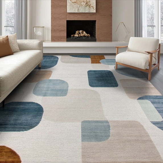 ODIKA 8'x10' Washable Area Rug Tan Abstract Brushstroke Geometric Interlocking Neutral Navy for Dining Room, Large Office, Lounge, Non-Slip Chair-Friendly Mat