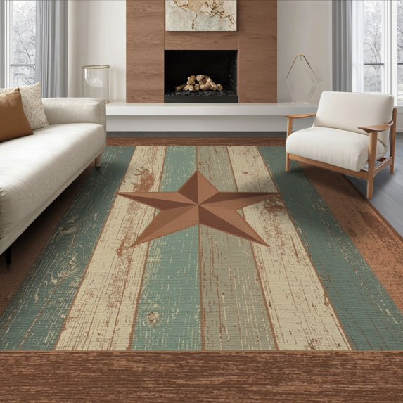 ODIKA 8'x10' Washable Area Rug Teal Plank Stars Distressed Farmhouse Border Terracotta Round for Living Room, Under Sectional, Family , Durable, Non-Slip