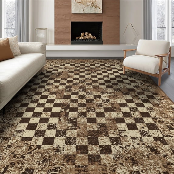ODIKA 8'x10' Washable Area Rug Throw Aged Large Geometric Symmetrical Border Couch Checkered for Dining Room, Office, Lounge, Non-Slip Chair-Friendly Mat