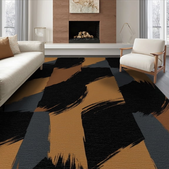 ODIKA 8'x10' Washable Area Rug Throw Contemporary Tan Abstract Block Crisp Grey Beige Bathroom for King Size Bedroom Under Bed, Master Suite, Non-Shedding, Easy Care