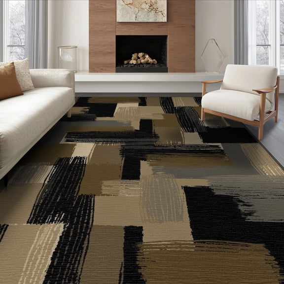 ODIKA 8'x10' Washable Area Rug Throw Geometric Tan Bold Grey Freeform Composition Minimalist for King Size Bedroom Under Bed, Master Suite, Non-Shedding, Easy Care