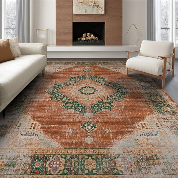 ODIKA 8'x10' Washable Area Rug Tone Vintage Abstract Distressed Faded Ornamental Terracotta for King Size Bedroom Under Bed, Master Suite, Non-Shedding, Easy Care