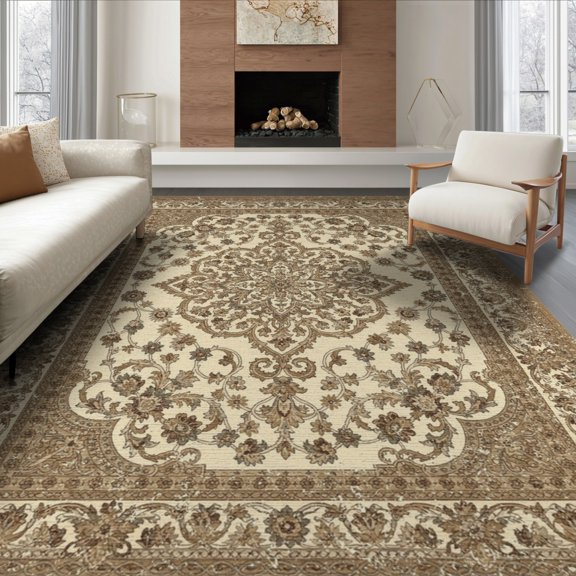 ODIKA 8'x10' Washable Area Rug Traditional Medallion With Distressed Floral Scroll Border Vintage Flowing for King Size Bedroom Under Bed, Master Suite, Non-Shedding, Easy Care