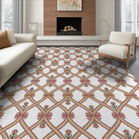 ODIKA 8'x10' Washable Area Rug Trellis Scattered Buds Dainty Delicate Border Coquette Ribbon Refined Structured for Dining Room, Large Office, Lounge, Non-Slip Chair-Friendly Mat