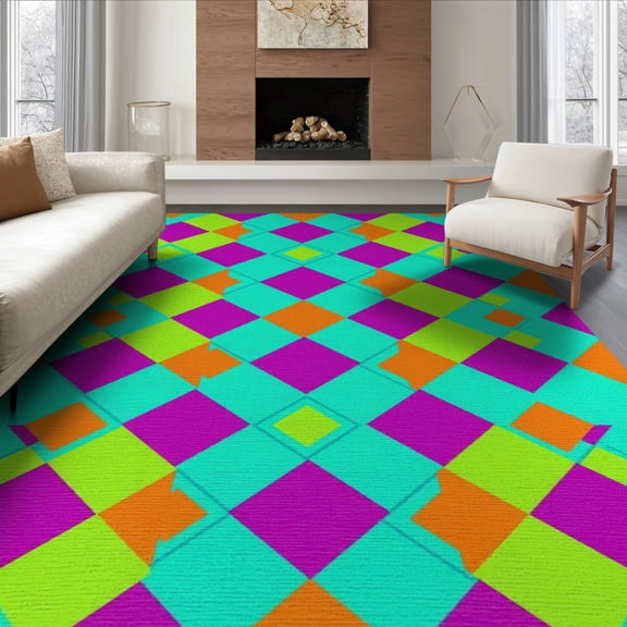 ODIKA 8'x10' Washable Area Rug Turquoise Hopscotch Retro Block Storybook Vibrant Design with Color Blocks for King Size Bedroom Under Bed, Master Suite, Non-Shedding, Easy Care