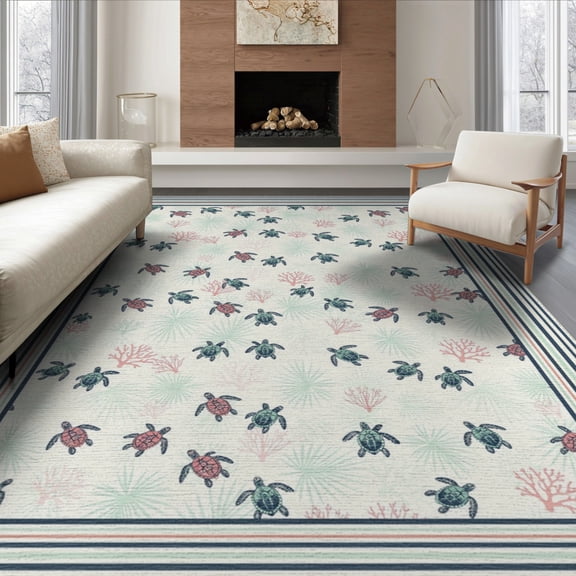 ODIKA 8'x10' Washable Area Rug Turtle Door Nautical Coral Scatter Striped Border Reef Theme Flowing Dynamic for Dining Room, Large Office, Lounge, Non-Slip Chair-Friendly Mat