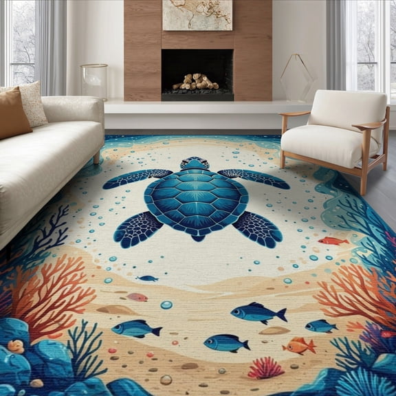 ODIKA 8'x10' Washable Area Rug Turtle Nautical Coral Reef Ocean Wave Border Motif Seashell Scroll for King Size Bedroom Under Bed, Master Suite, Non-Shedding, Easy Care