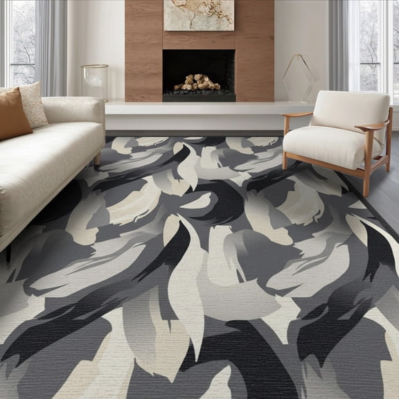 ODIKA 8'x10' Washable Area Rug Under Boho Grey Balanced Composition Crisp Ellipse for Dining Room, Large Office, Lounge, Non-Slip Chair-Friendly Mat