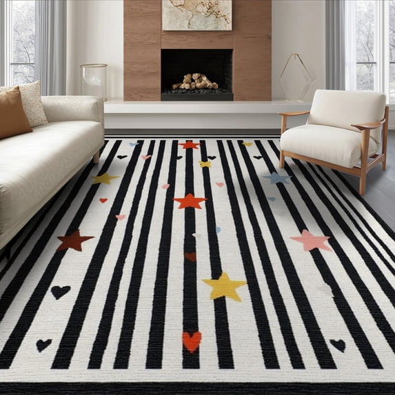 ODIKA 8'x10' Washable Area Rug Under Layered Door Bold Stripe Doormat Stars Border Layering for Living Room, Sectional, Family , Durable, Non-Slip