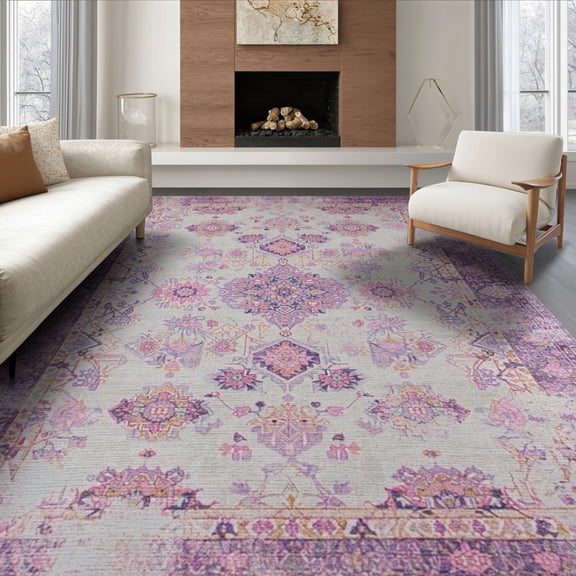 ODIKA 8'x10' Washable Area Rug Vintage Boho Allover Faded Motifs Distressed Scrollwork Border for Living Room, Under Sectional, Family , Durable, Non-Slip