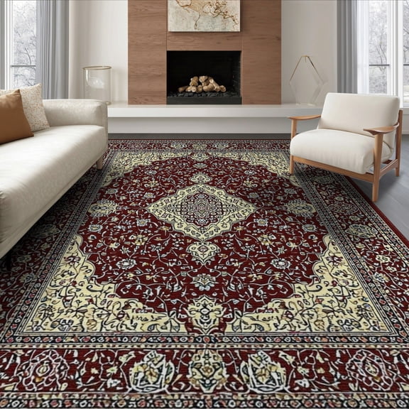 ODIKA 8'x10' Washable Area Rug Vintage Deep Burgundy Medallion Ornate Floral Scrollwork with Distressed Accents for King Size Bedroom Under Bed, Master Suite, Non-Shedding, Easy Care