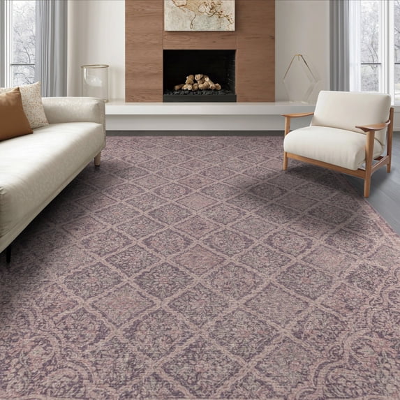 ODIKA 8'x10' Washable Area Rug Vintage Distressed Boho Trellis Scrollwork Border Ornate Panels for King Size Bedroom Under Bed, Master Suite, Non-Shedding, Easy Care