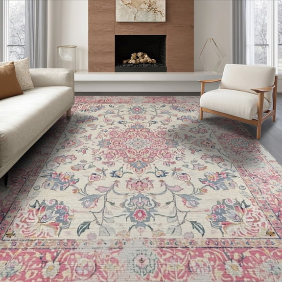 ODIKA 8'x10' Washable Area Rug Vintage Floral Medallion With Distressed Scroll Border And Botanical Sprays for Living Room, Under Sectional, Family , Durable, Non-Slip
