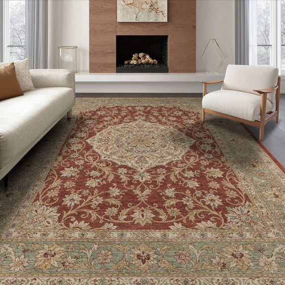 ODIKA 8'x10' Washable Area Rug Vintage Inspired Medallion With Floral Scroll And Border Boho Flowing Dynamic for Dining Room, Large Office, Lounge, Non-Slip Chair-Friendly Mat