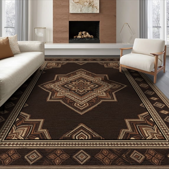 ODIKA 8'x10' Washable Area Rug Vintage Layout Distressed Border Motifs Ornate Faded Hallway Boho Refined for Dining Room, Large Office, Lounge, Non-Slip Chair-Friendly Mat