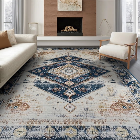 ODIKA 8'x10' Washable Area Rug Vintage Medallion Distressed Faded Center Diamond Accent Ornamental for Dining Room, Large Office, Lounge, Non-Slip Chair-Friendly Mat