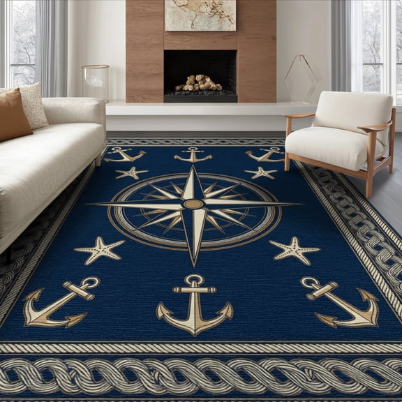 ODIKA 8'x10' Washable Area Rug Vintage Nautical Compass Rose With Maritime Anchor And Star Accents for Dining Room, Large Office, Lounge, Non-Slip Chair-Friendly Mat