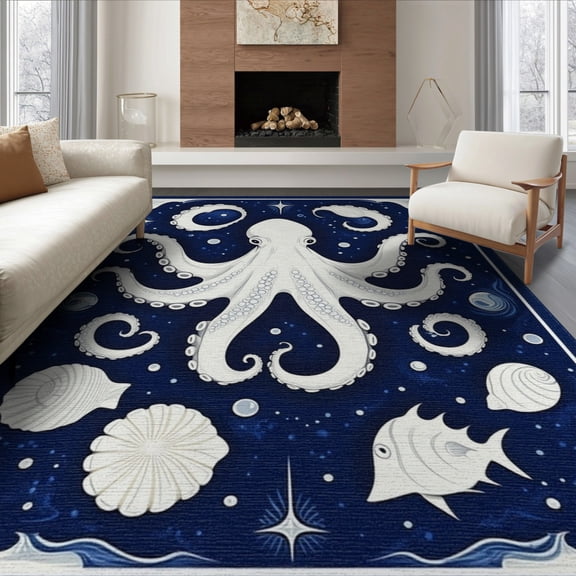 ODIKA 8'x10' Washable Area Rug Vintage Octopus Nautical Tentacle Scroll Border Compass Motif for Living Room, Under Sectional, Family , Durable, Non-Slip