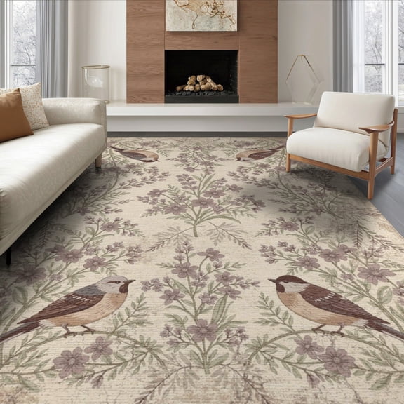 ODIKA Vintage Rustic Bird Motif With Distressed Cottage Garden Floral Flowing Dynamic for Living Room, Under Sectional, Family , Non-Slip Flatwoven