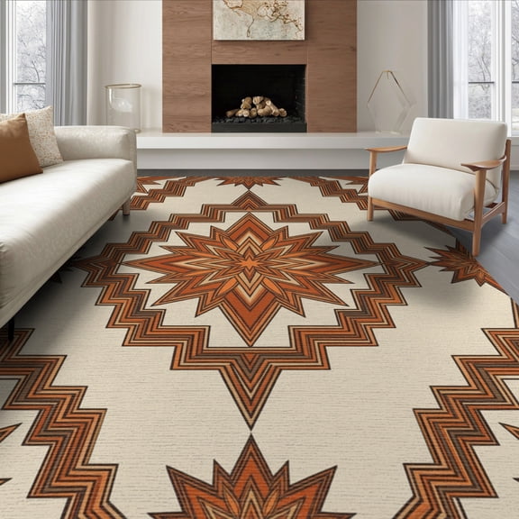 ODIKA 8'x10' Washable Area Rug Vintage Southwestern Motif Border Distressed Scroll Door Boho Refined Structured for Dining Room, Large Office, Lounge, Non-Slip Chair-Friendly Mat