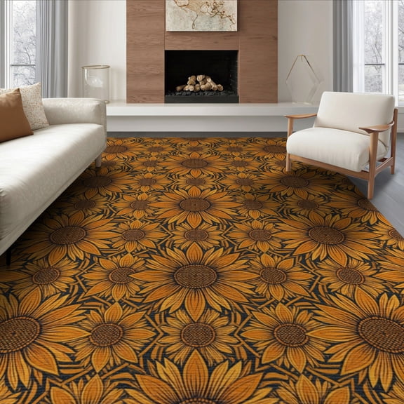 ODIKA 8'x10' Washable Area Rug Vinyl Orange Burnt Mustard Sunburst Repeating Vintage Bedside for Dining Room, Large Office, Lounge, Non-Slip Chair-Friendly Mat