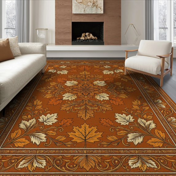 ODIKA 8'x10' Washable Area Rug Vinyl Orange Seasonal Motif Decorative Scrolling Frame Bedside for Dining Room, Large Office, Lounge, Non-Slip Chair-Friendly Mat