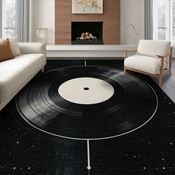 ODIKA 8'x10' Washable Area Rug Vinyl Record Minimalist Retro Music Disc Concentric Groove Rings for Living Room, Under Sectional, Family , Durable, Non-Slip