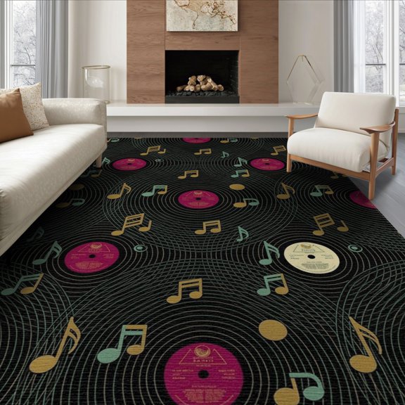 ODIKA 8'x10' Washable Area Rug Vinyl Vintage Disc Music Note Groove Cd Shaped Round Shape Record Flowing for Living Room, Under Sectional, Family , Durable, Non-Slip