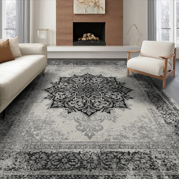 ODIKA 8'x10' Washable Area Rug Volcanic Charcoal Emblem Weathered Ashen Frame Entry Floor Covering for Dining Room, Large Office, Lounge, Non-Slip Chair-Friendly Mat