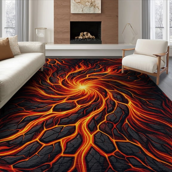 ODIKA 8'x10' Washable Area Rug Volcano Abstract Flame Vortex With Cracked Molten Rock Design for Dining Room, Large Office, Lounge, Non-Slip Chair-Friendly Mat