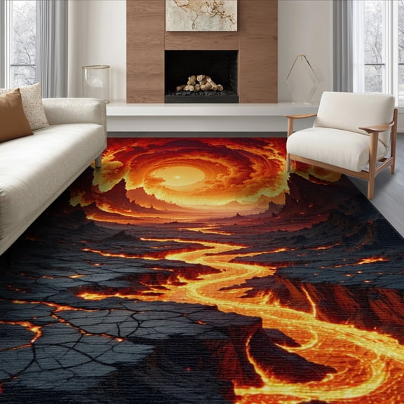 ODIKA 8'x10' Washable Area Rug Volcano Abstract Flame Vortex With Cracked Molten Rock Design for Dining Room, Large Office, Lounge, Non-Slip Chair-Friendly Mat