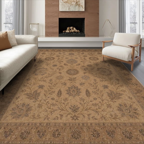 ODIKA 8'x10' Washable Area Rug Warm Beige Elegance with Floral Medallion Design Intricate Leaf and Blossom for Living Room, Under Sectional, Family , Durable, Non-Slip