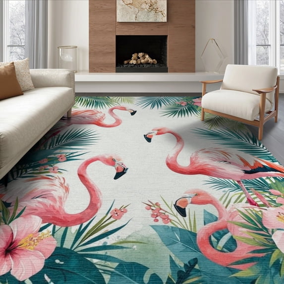 ODIKA 8'x10' Washable Area Rug Watercolor Leaves Botanical Frond Border Jungle Motif Exotic for Dining Room, Large Office, Lounge, Non-Slip Chair-Friendly Mat