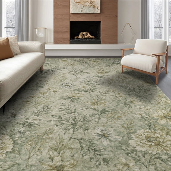 ODIKA 8'x10' Washable Area Rug Watercolor Vintage Botanical Distressed Impressionist Circular Flowing Dynamic for Living Room, Under Sectional, Family , Durable, Non-Slip