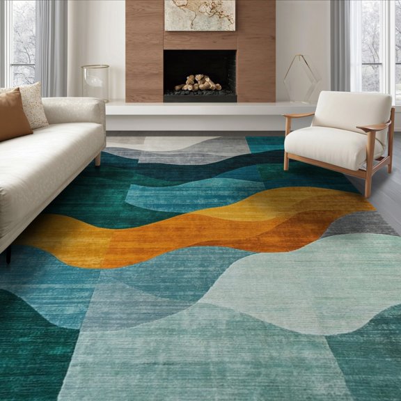ODIKA 8'x10' Washable Area Rug Wave Abstract Landscape Distressed Tone Fields Round Boho Layered for Dining Room, Large Office, Lounge, Non-Slip Chair-Friendly Mat