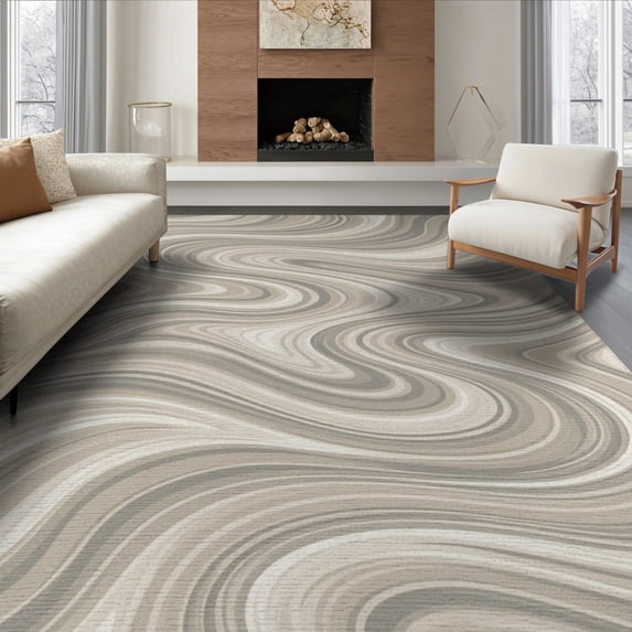 ODIKA 8'x10' Washable Area Rug Wave Design With Interlocking Marble Swirl Motif Abstract Modern Refined for Dining Room, Large Office, Lounge, Non-Slip Chair-Friendly Mat