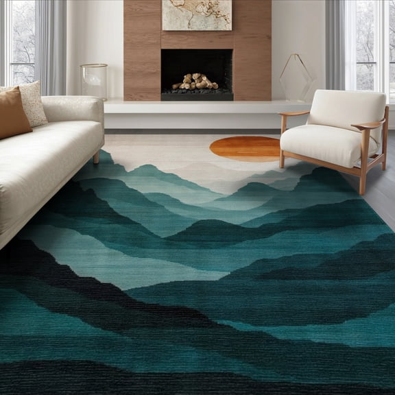 ODIKA 8'x10' Washable Area Rug Wave Landscape Abstract Boho Distressed Layered Motif Round Tone for Dining Room, Large Office, Lounge, Non-Slip Chair-Friendly Mat