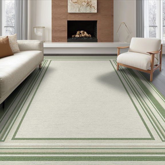 ODIKA 8'x10' Washable Area Rug Welcome Layered Under Doormat Striped Border Frame Rectangular for King Size Bedroom Bed, Master Suite, Non-Shedding, Easy Care