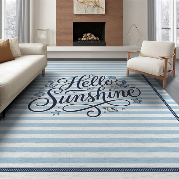 ODIKA 8'x10' Washable Area Rug Welcome Nautical Motifs Doormat Layered Layering Door Striped Front Playful for King Size Bedroom Under Bed, Master Suite, Non-Shedding, Easy Care