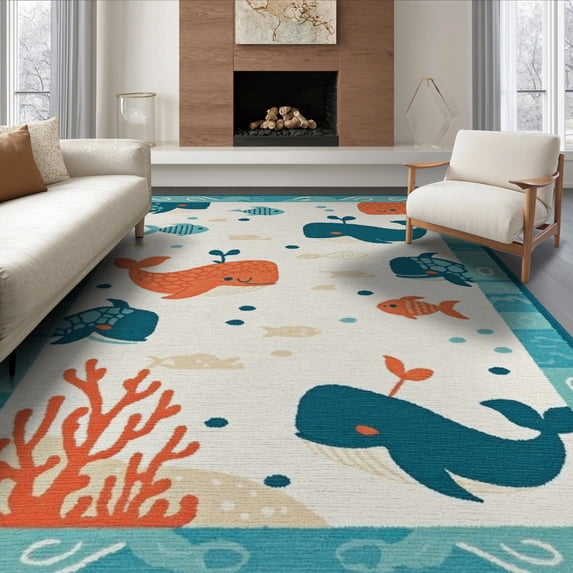 ODIKA 8'x10' Washable Area Rug Whale And Sea Turtle Cartoon Ocean Animal With Nautical Border for King Size Bedroom Under Bed, Master Suite, Non-Shedding, Easy Care