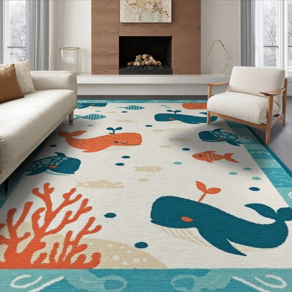 ODIKA 8'x10' Washable Area Rug Whale And Sea Turtle Cartoon Ocean Animal With Nautical Border for King Size Bedroom Under Bed, Master Suite, Non-Shedding, Easy Care