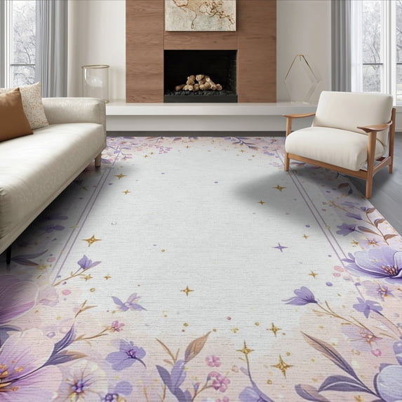 ODIKA 8'x10' Washable Area Rug Whimsical Butterfly Motifs Border Pastel Vine Toss Clusters for Living Room, Under Sectional, Family , Durable, Non-Slip
