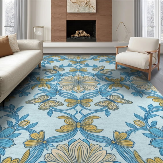 ODIKA 8'x10' Washable Area Rug Whimsical Butterfly Vine Border Scattered Delicate Boho Motif Refined Structured for King Size Bedroom Under Bed, Master Suite, Non-Shedding, Easy Care