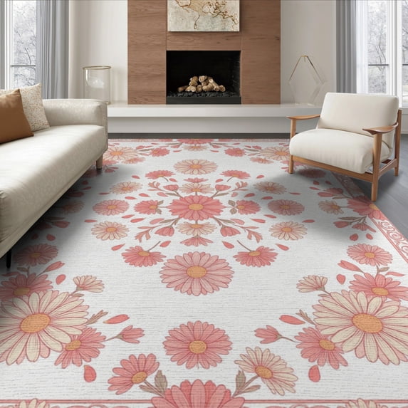 ODIKA 8'x10' Washable Area Rug Whimsical Tossed Petal Scattered Motifs Dotted Border Pink Cute Refined for King Size Bedroom Under Bed, Master Suite, Non-Shedding, Easy Care