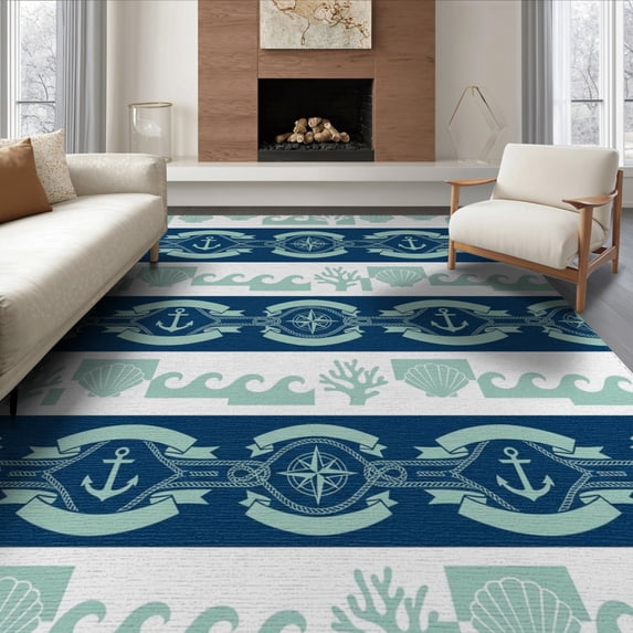 ODIKA 8'x10' Washable Area Rug Wide Nautical Border Motif Front Layered Welcome Door Striped Playful Expressive for King Size Bedroom Under Bed, Master Suite, Non-Shedding, Easy Care