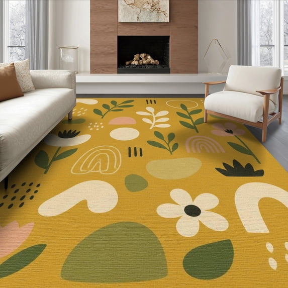 ODIKA 8'x10' Washable Area Rug Yellow Whimsical Botanical and Abstract Shapes Contemporary Design with Floral Geometric for Living Room, Under Sectional, Family , Durable, Non-Slip